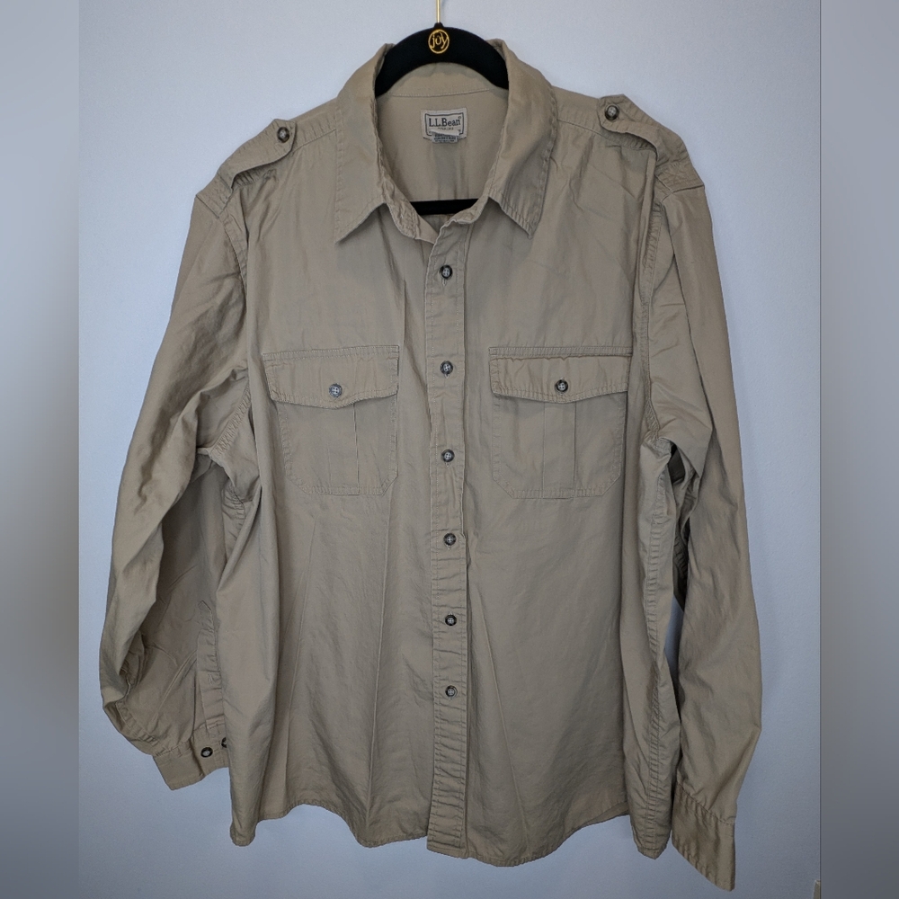 Vintage LL BEAN Men's Cotton Beige Safari Shirt XL Hunting Fishing Shooting